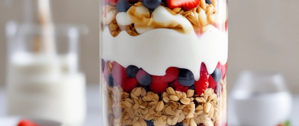 A tall glass parfait layered with yogurt, fresh berries, and crunchy granola in a bright kitchen