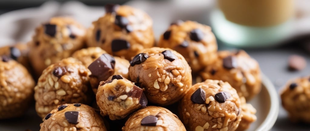A plate of peanut butter energy balls with oats and mini dark chocolate chips, neutral clean backgro