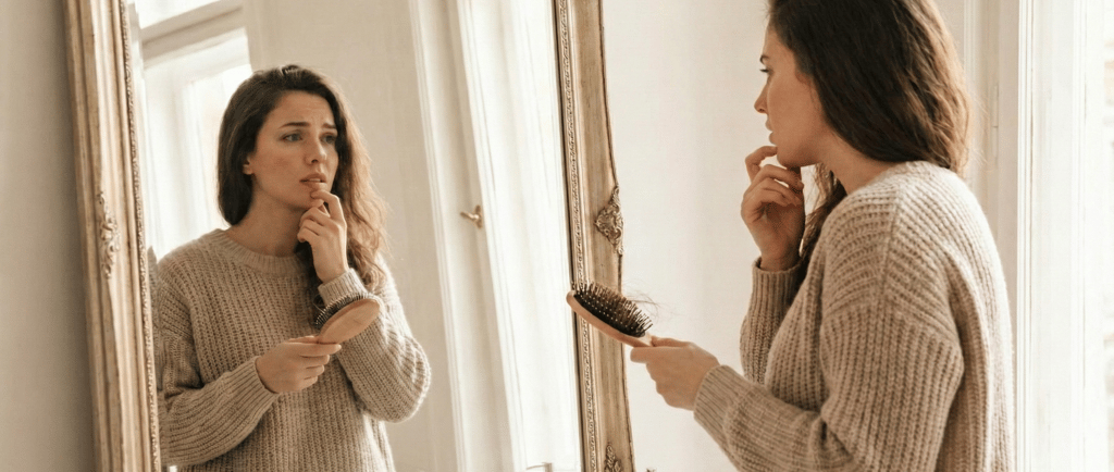 Woman noticing PCOS hair loss in her hairbrush while dealing with hormonal hirsutism on her chin