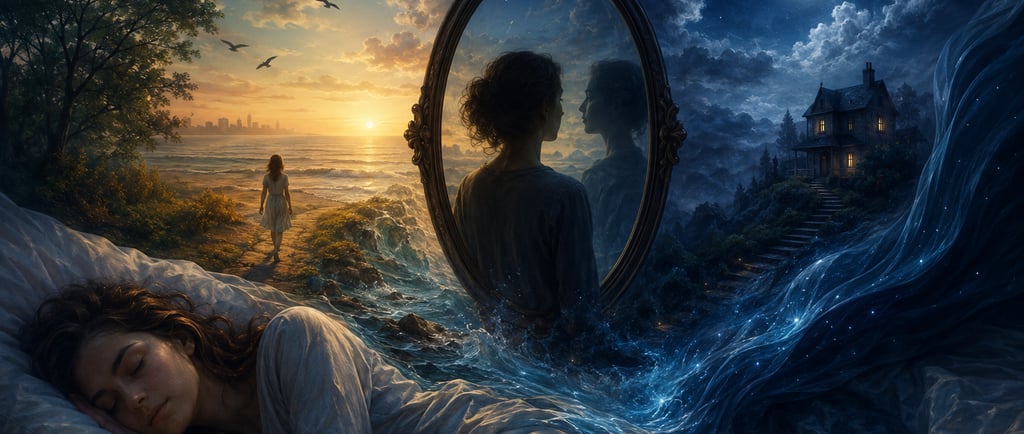 Surreal digital art of a sleeping woman dreaming of a magical landscape with a mirror, sunset, and full moon.