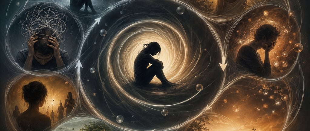 Abstract digital art depicting the cycle of depression and mental health struggles through silhouette figures.