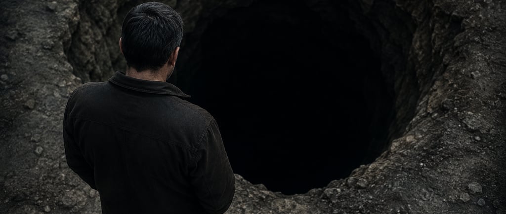 A man stands on the edge of a deep dark hole in the rocky ground.