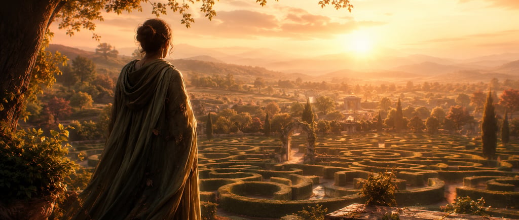 A woman looks over a fantasy garden maze during a golden sunset.