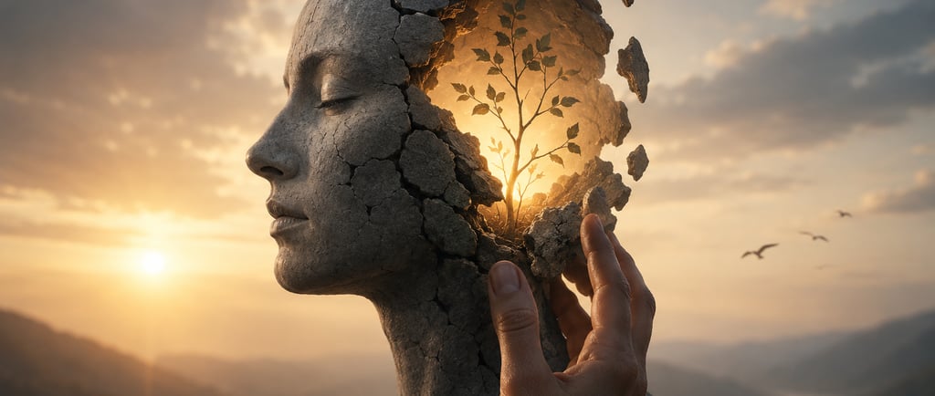 Surreal stone sculpture of a female head cracking open to reveal a glowing tree symbolizing mental health growth and healing.