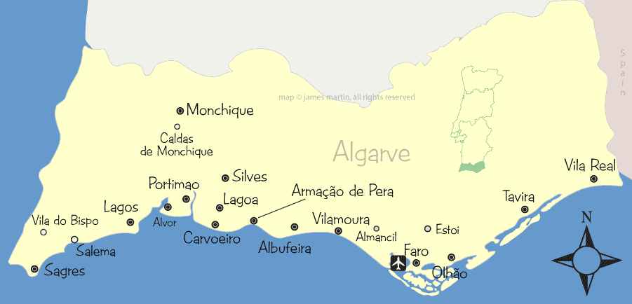 A map of the Algarve region in southern Portugal featuring major cities like Faro, Lagos, and Albufeira.