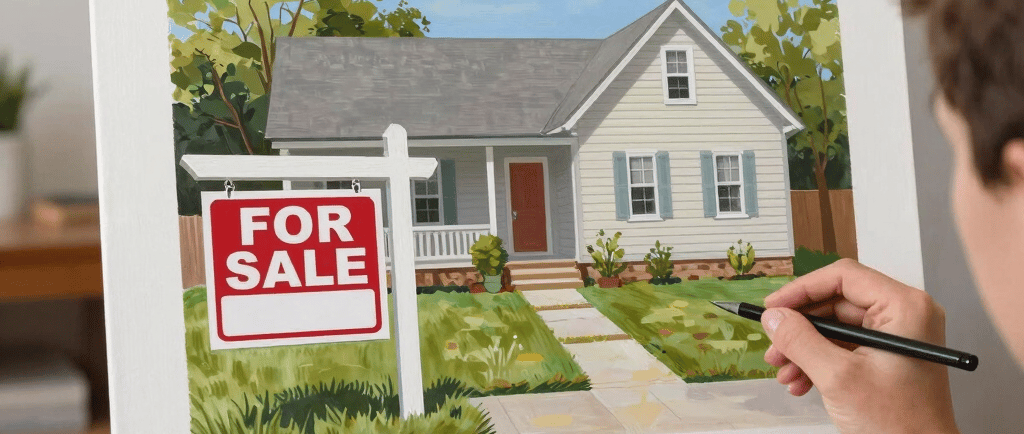 An artist painting a house portrait on canvas featuring a red for sale sign in the front yard.