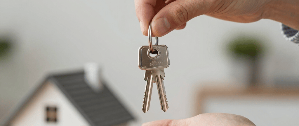 A person handing over house keys to a new homeowner with a model home in the background.
