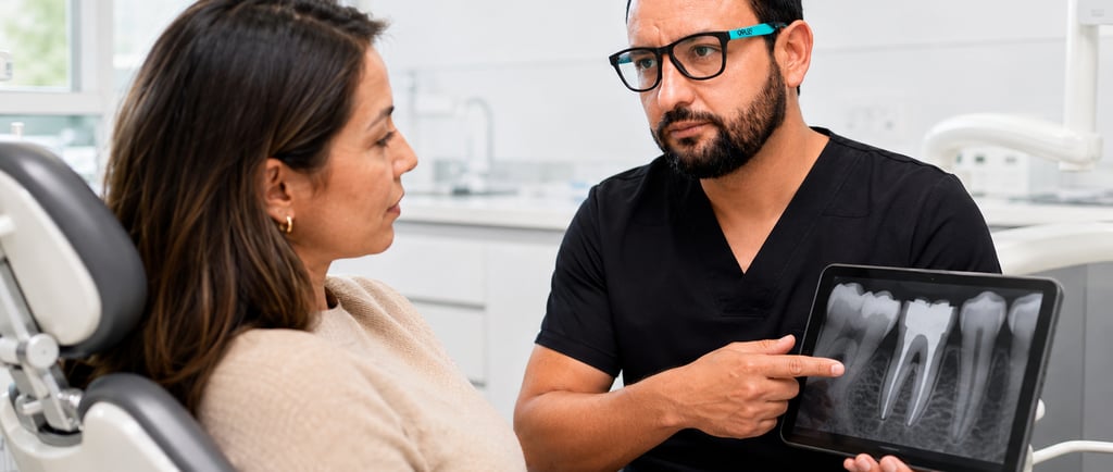 Dr. Juan Miguel Narváez explica a una paciente el dolor después de una endodoncia en consulta 