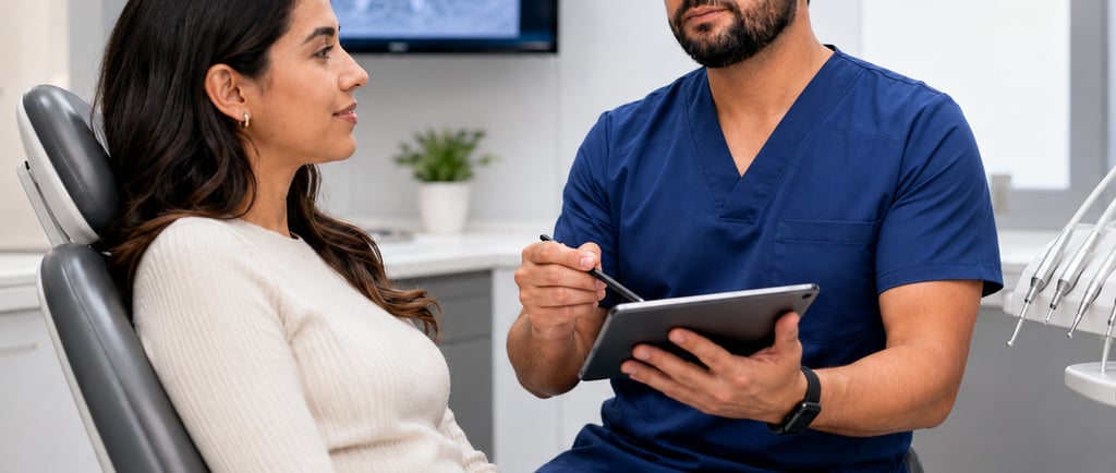 Dr. Juan Miguel Narváez explica cuidados después de una endodoncia a una paciente en consulta odonto