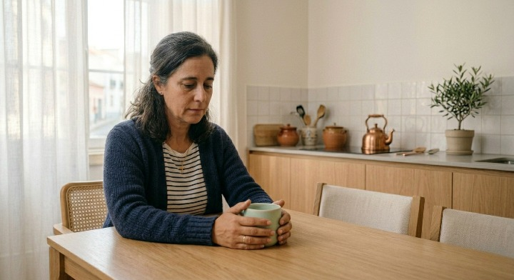A thoughtful middle-aged woman sitting at a wooden kitchen table holding a coffee mug.