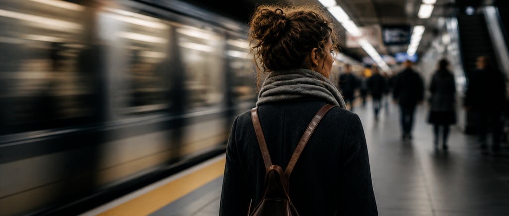 Woman standing on a busy metro platform with motion blur from passing train and commuters, represent