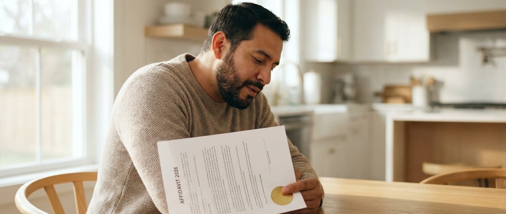 Hombre hispano en casa sintiendo alivio al revisar su documento Affidavit.