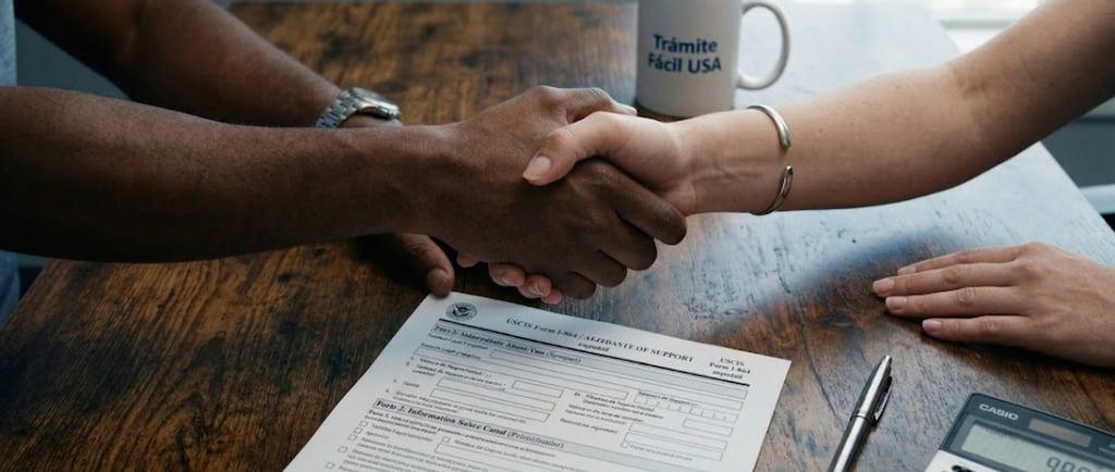 Patrocinador y solicitante firmando el Affidavit of Support I-864 español del USCIS para un trámite de inmigración