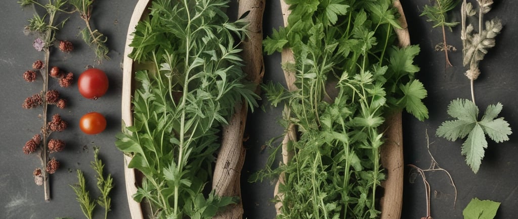 A steaming bowl of herbal tea with thyme and wild cherry bark, surrounded by fresh citrus fruits and leafy greens.