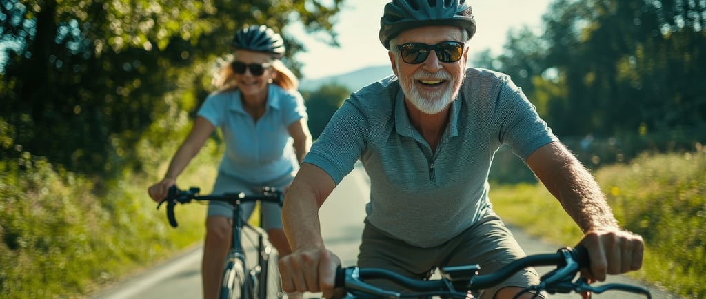 a man and woman riding bikes on a road