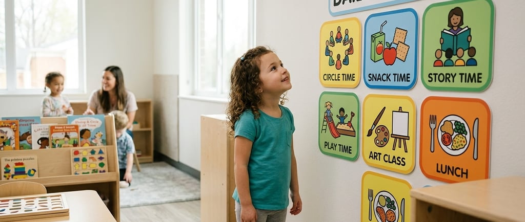 Girl looking at visual schedule