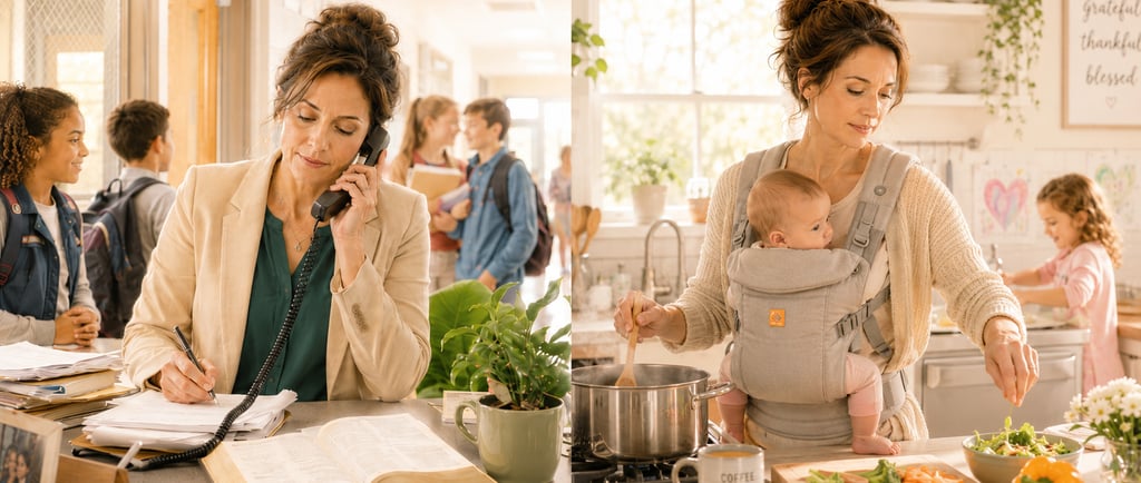 A working mother balancing her career  and cooking at home with her baby in a carrier.