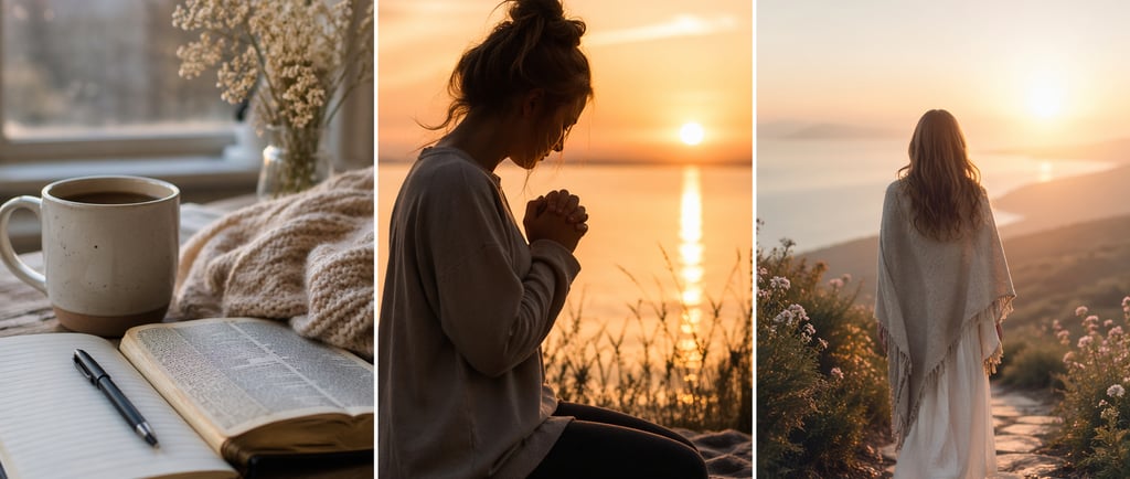 A triptych of a woman praying, reading a bible with coffee, and walking during a peaceful sunset.