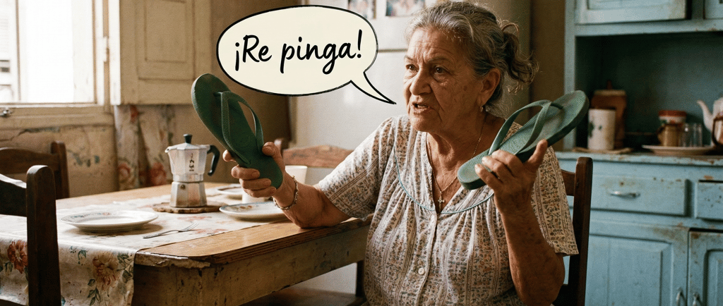 Elderly Latina grandmother in a kitchen holding green flip-flops with a Re pinga speech bubble.