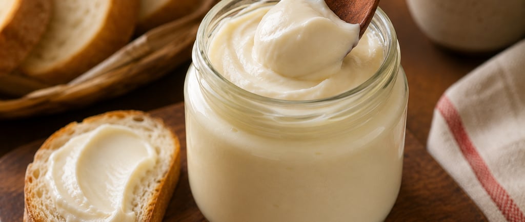 requeijão caseiro cremoso servido em pote de vidro