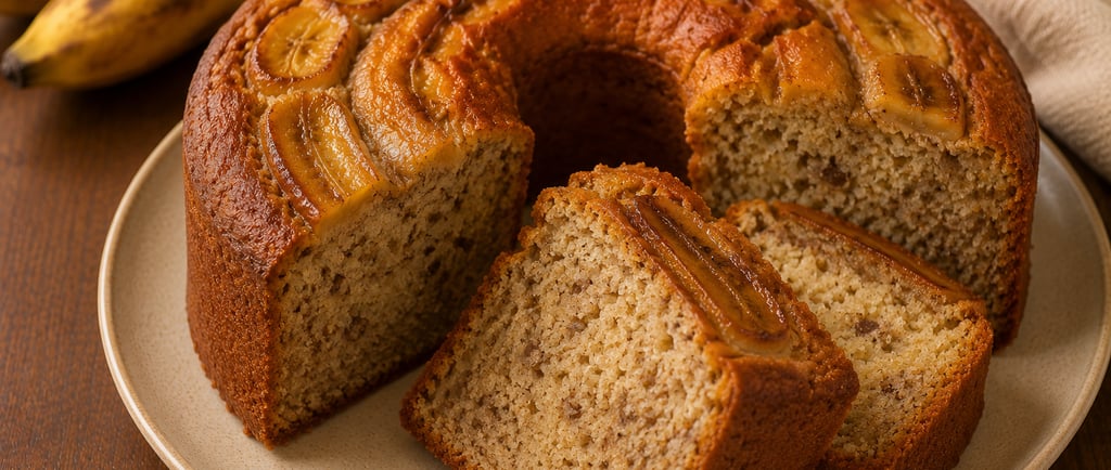 bolo de banana fofinho servido em fatias
