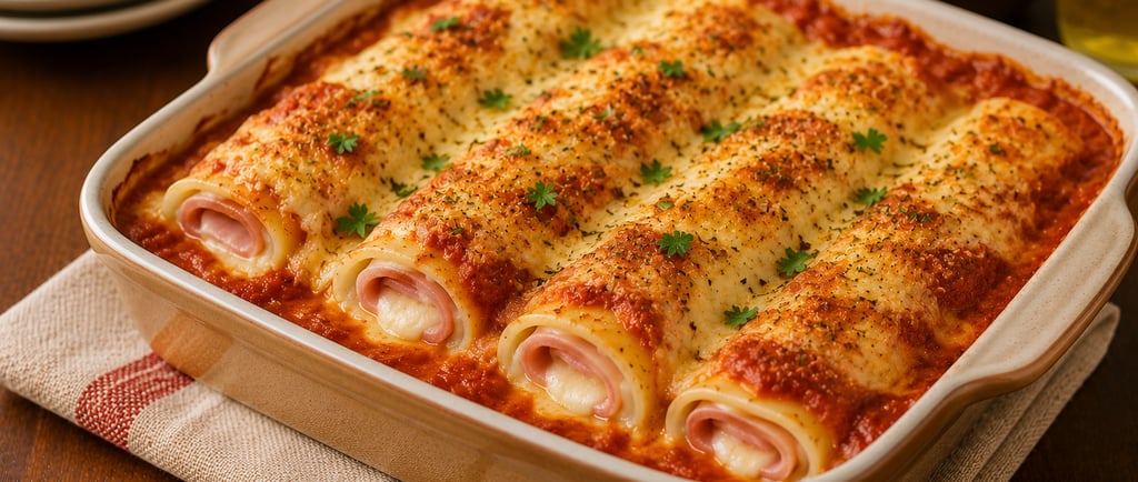 rondelli de presunto e queijo gratinado ao molho cremoso