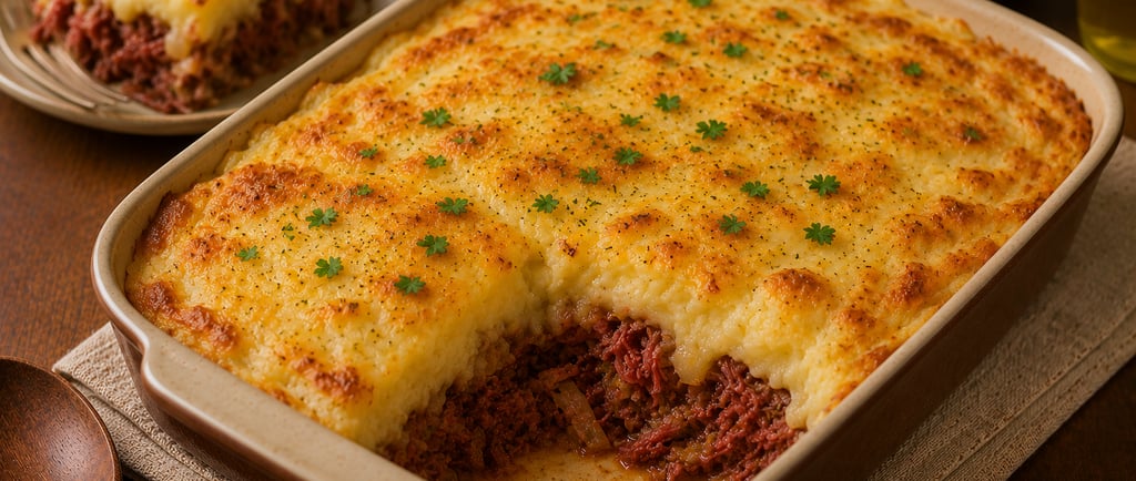 escondidinho de carne seca gratinado com purê cremoso