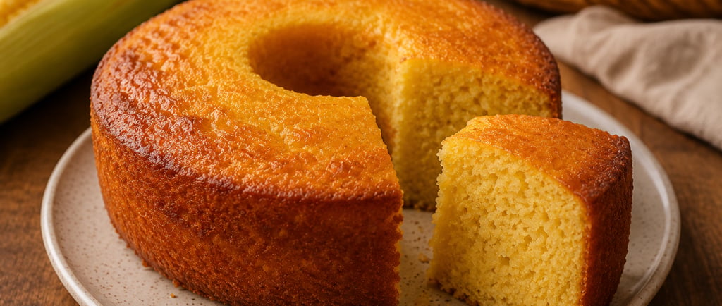 bolo de milho cremoso cortado em fatias sobre prato