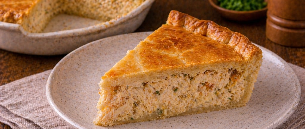 torta de frango simples e barata caseira bem recheada e dourada