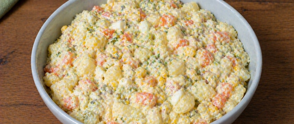 maionese de churrasco cremosa com milho e legumes caseira