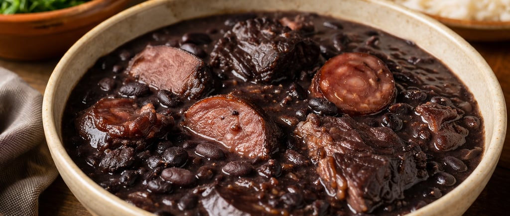 feijoada brasileira com feijão preto e carnes bem temperadas