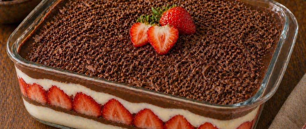 bombom de travessa com camadas de creme chocolate e morango