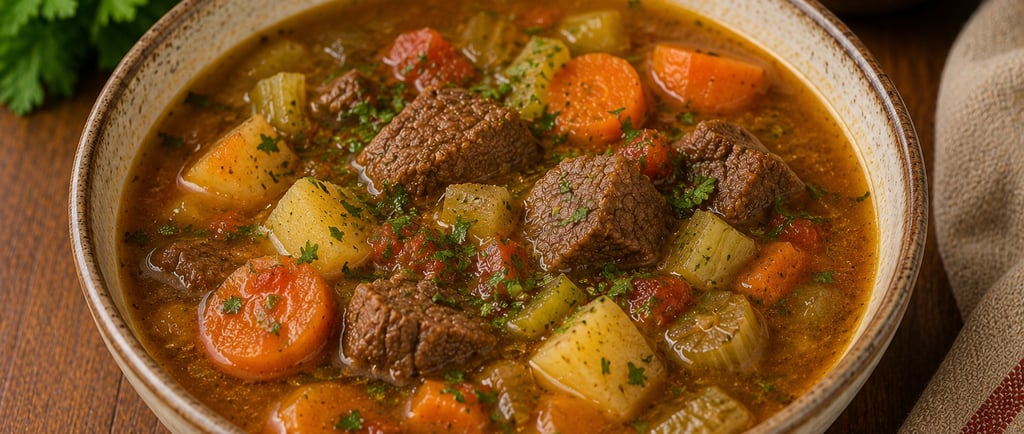 sopa de carne com legumes e caldo encorpado