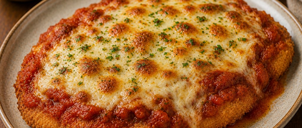 frango à parmegiana crocante com queijo gratinado e molho