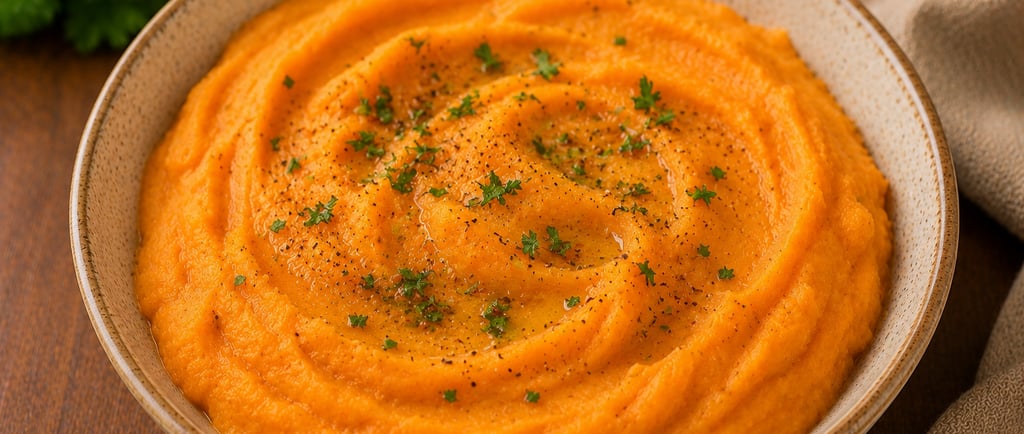 purê de batata doce cremoso servido como acompanhamento