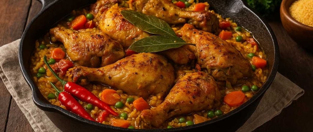 galinha caipira com caldo bem temperado e aparência caseira