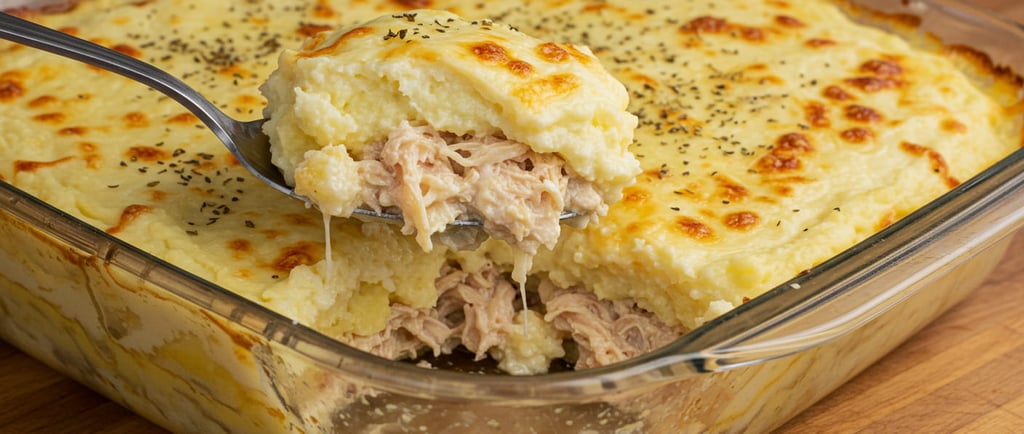 escondidinho de frango cremoso gratinado com purê dourado