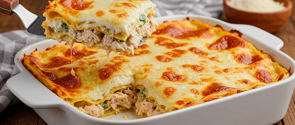lasanha de frango cremosa com queijo gratinado e camadas bem definidas