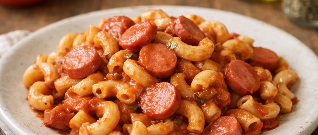 macarrão simples e barato com salsicha ao molho de tomate