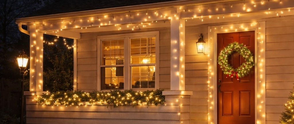 Casa decorada para o natal com luzes na varanda, guirlanda na porta e árvore iluminada no jardim.