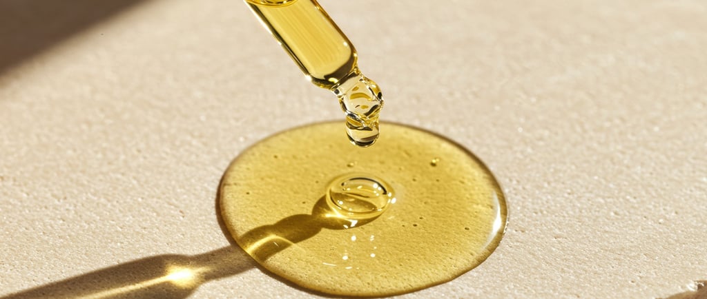 a drop of facial oil on a bathroom cabinet
