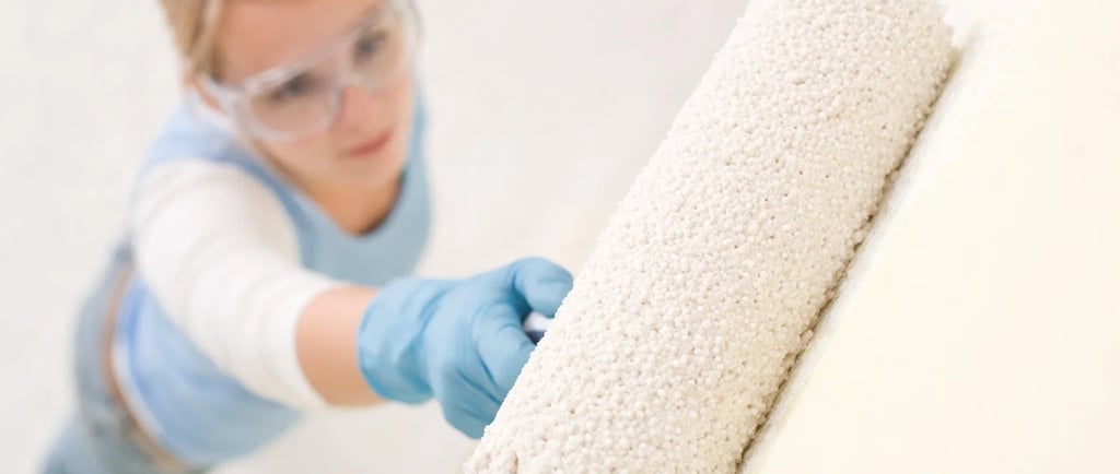 a woman in a blue shirt and gloves is painting a wall with thermal insulating paint