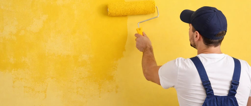 a man in overalls and a hat, painting a wall with a roller 