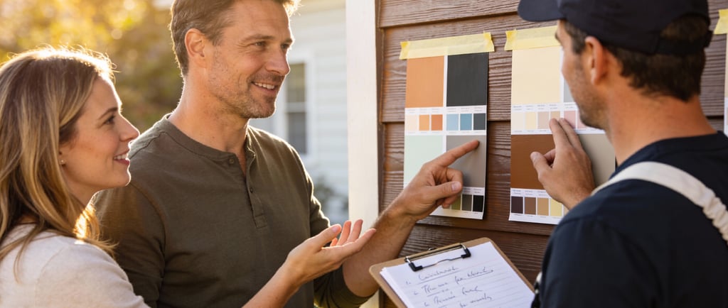 a man and woman looking at a house with a color palette
