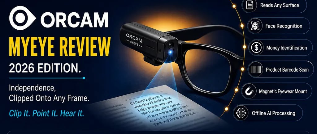 OrCam MyEye Review 2026 featured image showing wearable AI reading device clipped to glasses with arc-style feature badges 