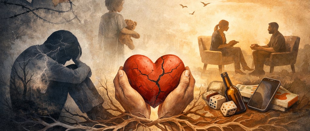 Therapeutic illustration representing trauma and addictive behaviors in the healing pro