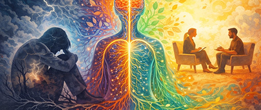 Illustration showing nervous system regulation and addictive patterns healing through therapy.