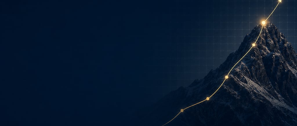 A glowing upward arrow graph climbing a mountain peak symbolizing business growth and success.