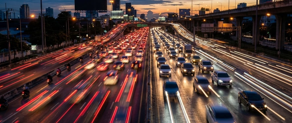 imagem de uma rodovia ao cair da noite muito movimentada