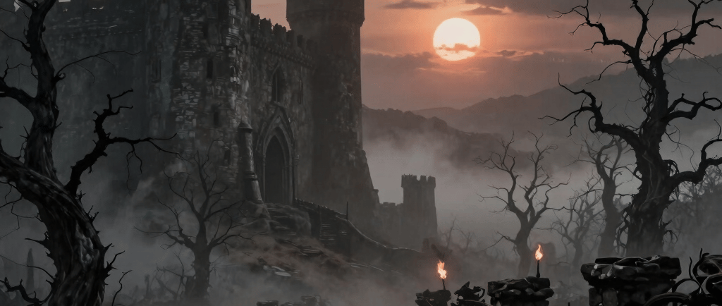 A dark fantasy knight approaches a gothic castle ruins at sunset surrounded by spooky dead trees.